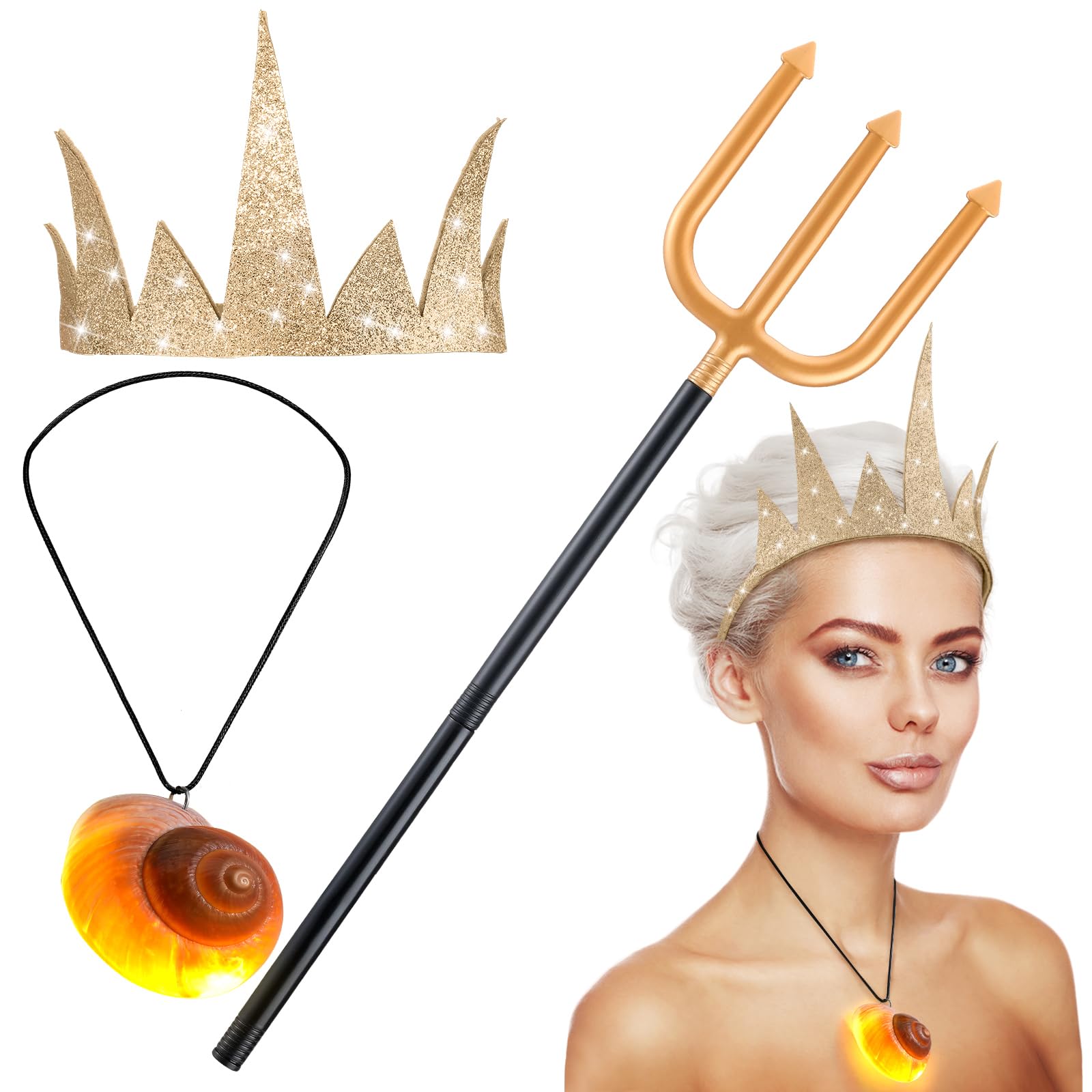 Photo 1 of Nosiny 3 Pcs Halloween Costumes Accessories Set for Women Glitter Golden Crown and Sea Witch Trident Prop and Mermaid Light up Pendant Necklace