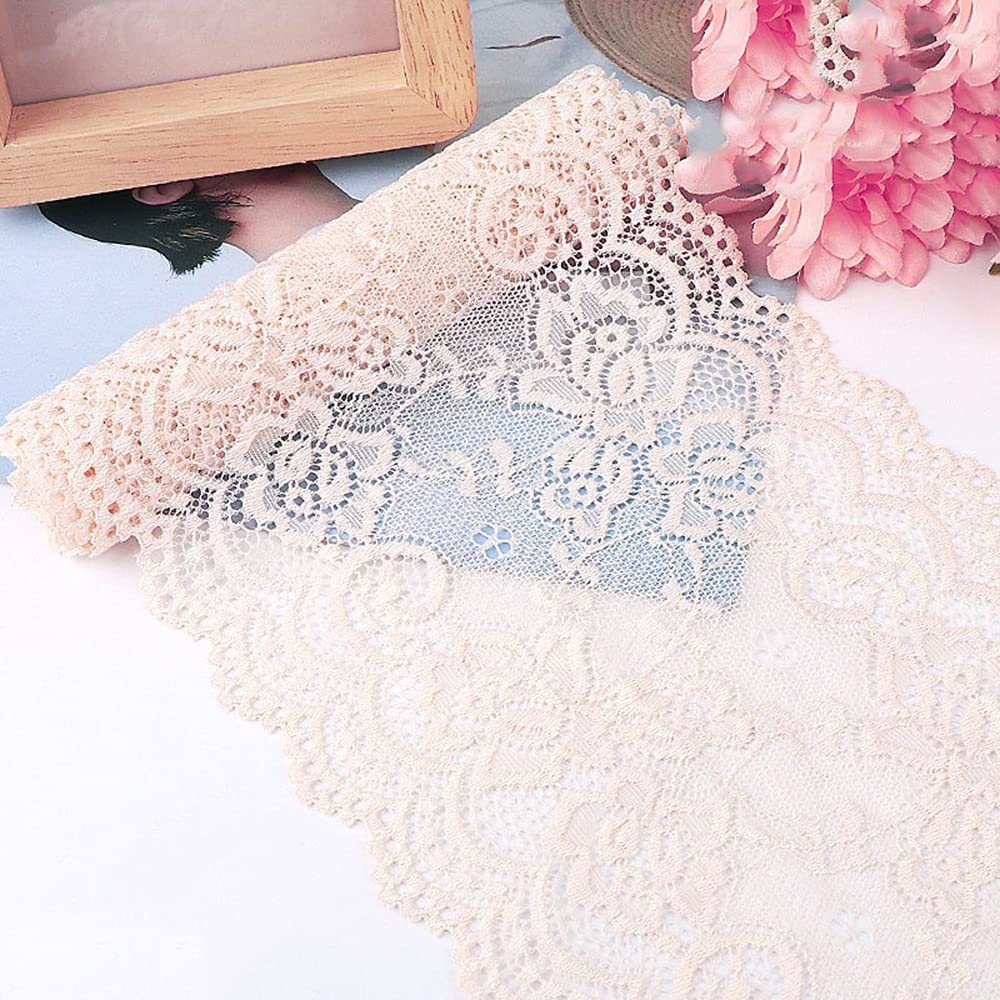 15 cm x 2 m Elasticity Lace Ribbon Lace Trim Decorative Ribbon Lace Trimming Ribbon for Sewing, DIY Crafts, Decoration for Clothes, Underwear, Lingerie, Wedding Dress, Table Decoration, Beige