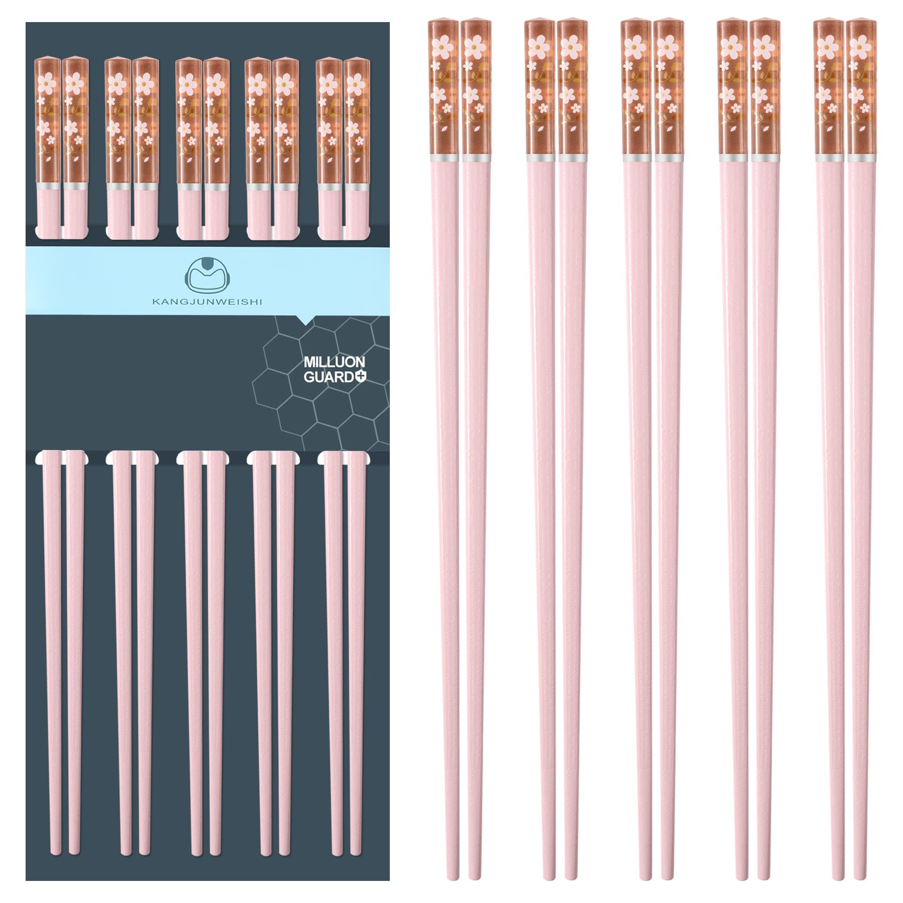 Slivek 5 Pairs Fiberglass Chopsticks, Reusable Premium Japanese Chinese Korean Chopsticks Dishwasher Safe, Non-slip, Lightweight, 9.6 inches, Pink-Clear Sakura