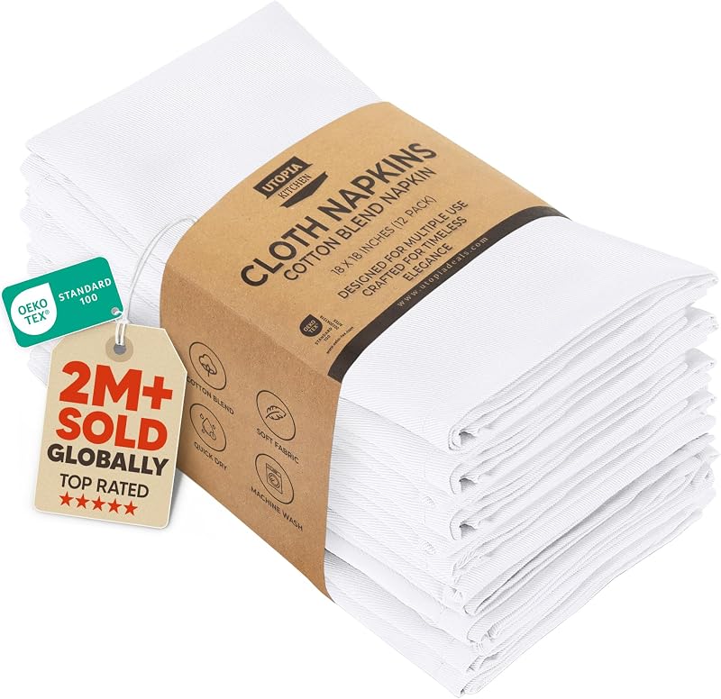 Utopia Kitchen Cloth Napkins 12 Pack 46x46cm White Cotton Blend Washable