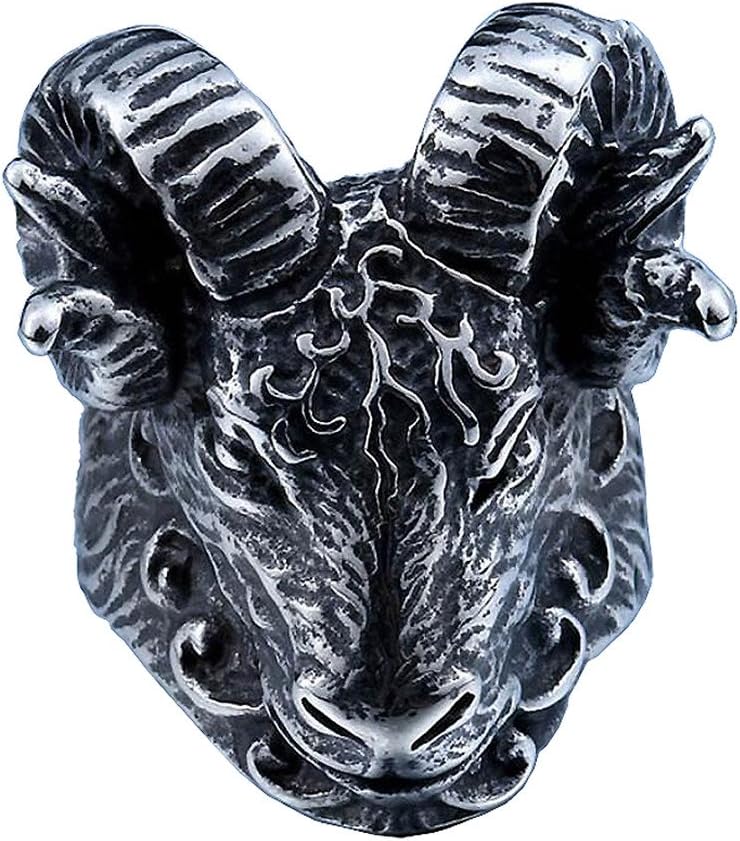 HIJONES Mens Stainless Steel Vintage Silver Tone Black Goat Horn Gothic Biker Ring Animal Head