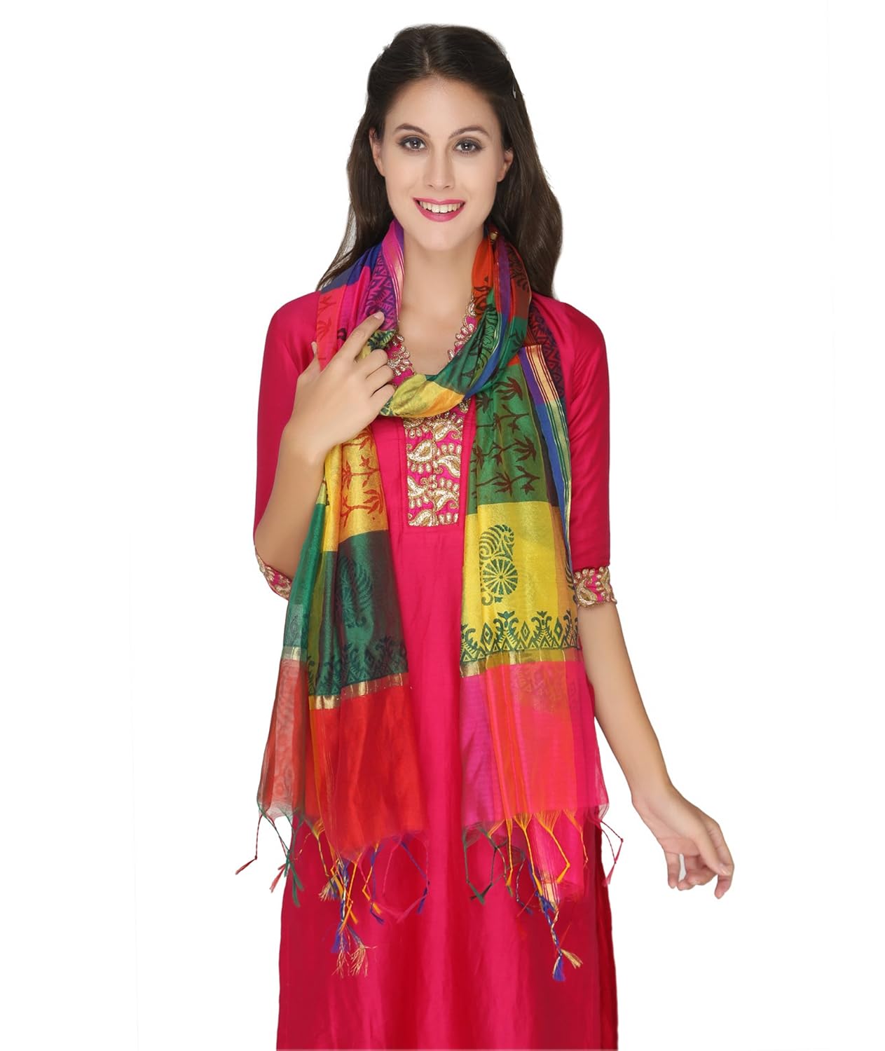 multicoloured printed silk dupatta