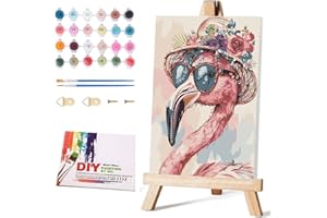 Pretyps Paint by Numbers Kit for Adults Framed Canvas, with Wooden Easel,Paint by Numbers for Kids Ages 8-12, Flamingo DIY Acrylic Landscape Oil Painting Arts Crafts, 9.45x11.8inch
