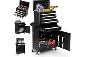 Dawmilon 5-Drawer Rolling Tool Chest with Detachable Top Box, Lockable Wheels, Adjustable Shelf, and Liner, Heavy-Duty Metal Tool Cart for Garage and Workshop Storage, Black