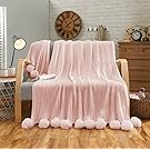 LIFEREVO 100% Cotton Hypoallergenic Striped Cable Knitted Throw Blanket Pompoms Fringe Solid - PINK/39"x59"