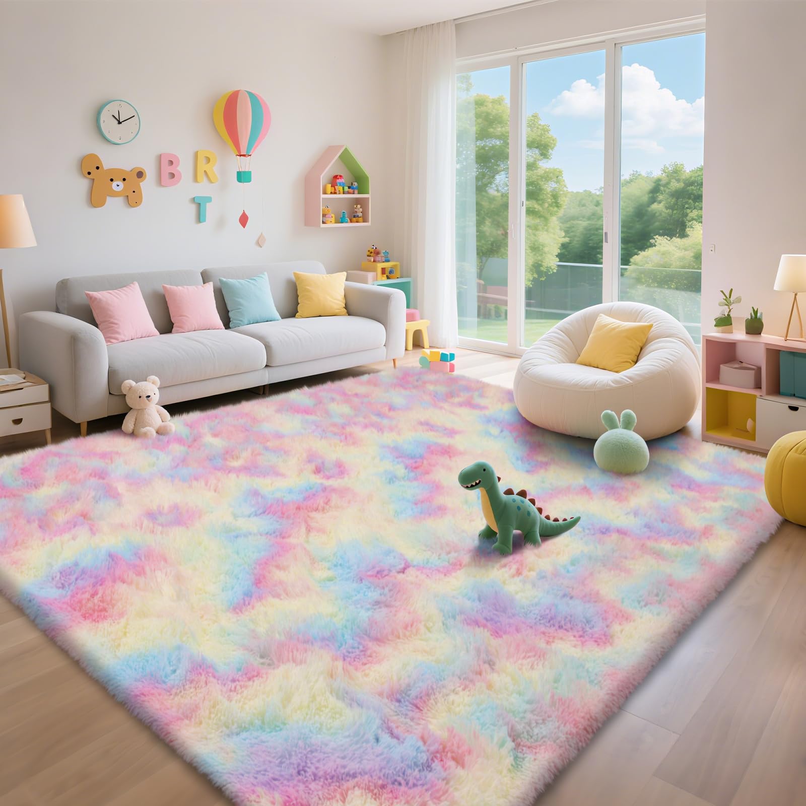 Photo 1 of Shag Area Rugs for Bedroom Living Room,6X9 Ultra Soft Fluffy Area Rugs for Dorm,Indoor Carpet Nursery Rugs for Kids Girls Room Home Decor,Rainbow
