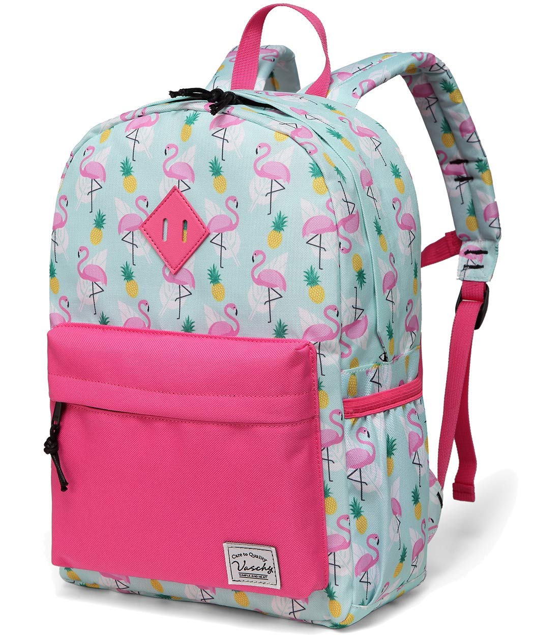 VASCHY Kids Backpack for Girls Cute School Backpack Children's Backpack Lightweight Toddler Rucksack Book Bag with Chest Buckle and Bottle Pockets（Flamingo
