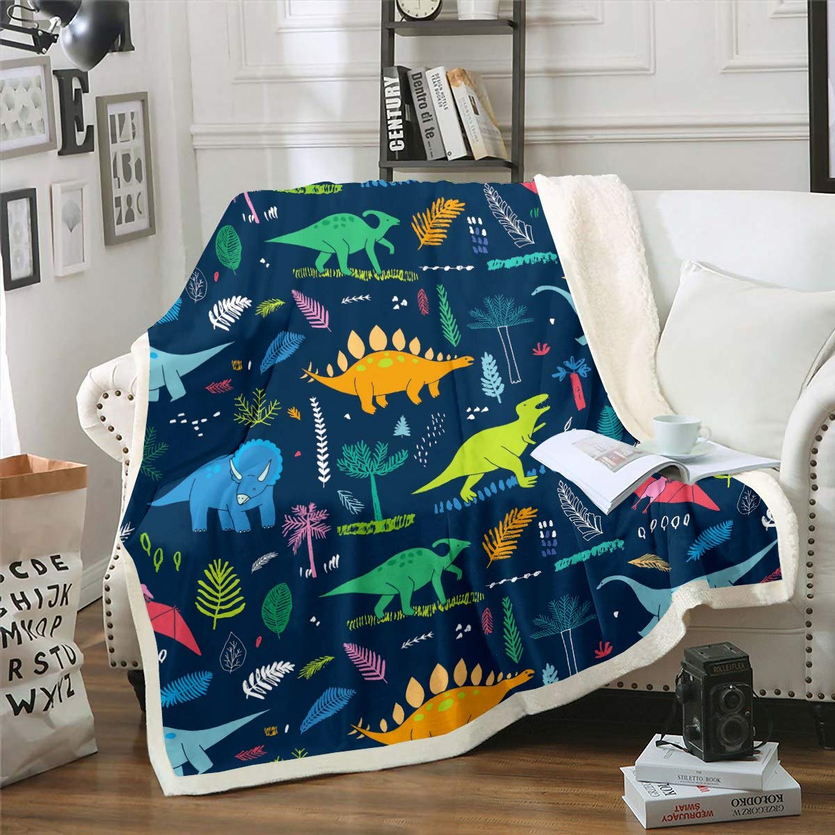 Loussiesd Kids Sherpa Blankets Cartoon Dinosaur Throw Blanket Cute Dino Fleece Blankets for Couch Sofa Travel Room Decor Lightweight Tropical Palm Leaf Plush Throw Blankets Colorful Single 50"x60"