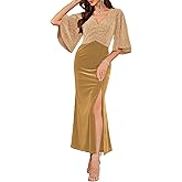 ZAFUL Women's Formal Velvet Cocktail Wedding Guest Dress, Sequin Party Split Dress Flare Sleeve V Neck Evening Gowns