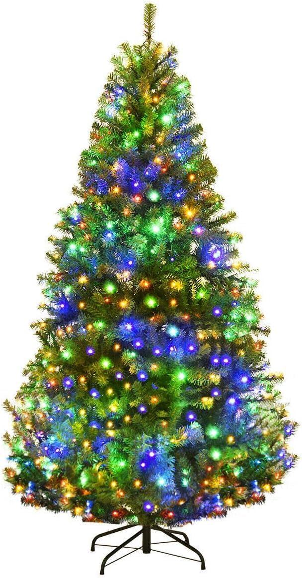 Trees - Goplus 6FT Pre-Lit Artificial Christmas Tree, Hinged Xmas Tree with 350 Dual-Colored LED Lights, 11 Flash Modes, 1000 PVC Branch and Foldable Base, for Indoor Holiday Decor