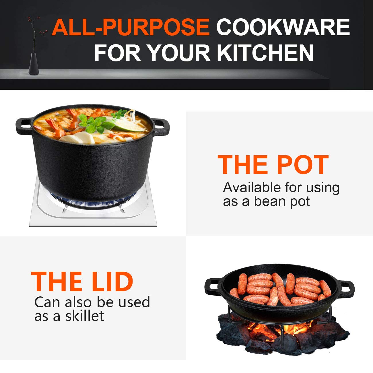 Overmont Dutch Oven Cast Iron Casserole Pot 5 QT Dual Function Lid