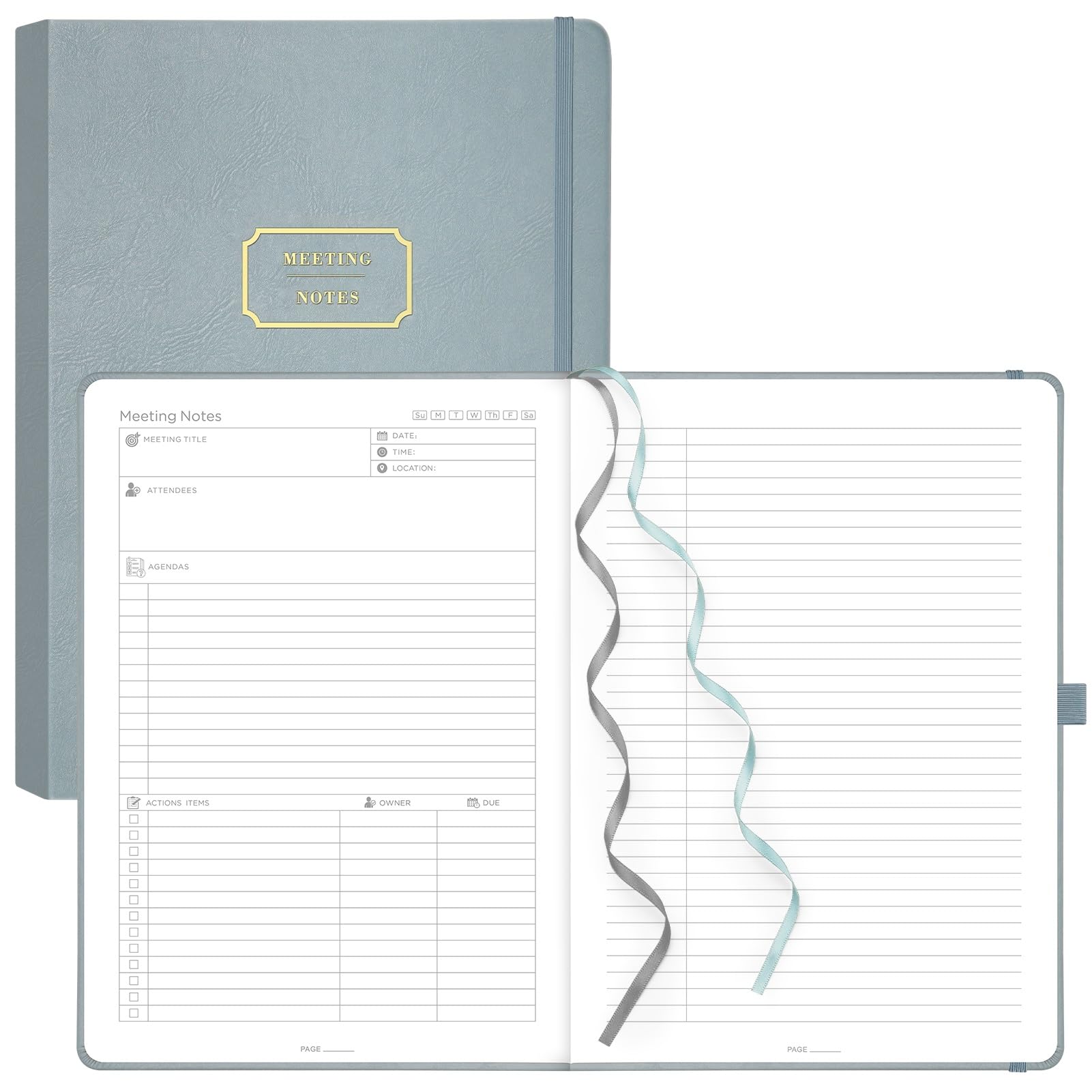 EMSHOI Meeting Notebook for Work with Action Items - 240 Pages, A4 Business Planner, PU Leather Meeting Minutes to Do List Notebook Project Notepad Journal for Women Men, 21.5 x 29cm, GrayBlue โ image 1