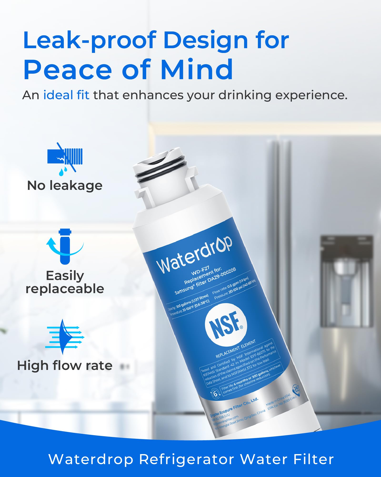 Waterdrop DA29-00020B Refrigerator Water Filter, Replacement for Samsung HAF-CIN/EXP, DA29-00020A/B, DA29-00020B-1, RF263BEAESR, RF28HMEDBSR, RF263TEAESG, RF4287HARS, 3 Filters (Package May Vary)