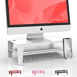 2-Tier Monitor Stand and Desk Organizer, White, Steel - Sturdy, Ergonomic Computer Riser with Phone Stand for Apple, PC - Stylish Desk Shelf - Premium Office Desk Organizers and Accessories