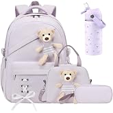 ACESAK 4PCS Backpack for Girls with Insulated Water Bottle (Purple) | Cute Kawaii Bear Girls Backpack with Lunch Box, Pencil Case &amp; 14oz Kids Water Bottle with Straw Set for School Kids Bookbag