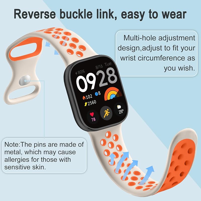 Silikon Armband für Xiaomi Smart Band 10 Pro/9 Pro/8 Pro, Uhrarmband Weich Atmungsaktiv Sport Ersatzarmband für Xiaomi Redmi Watch 6/5/4 - Sternenlicht Orange + Schwarz Weiß — Foto 4 von 7