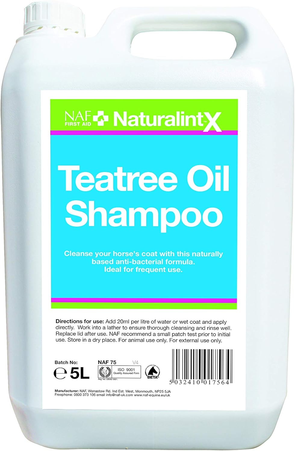 NAF NaturalintX Tea Tree Oil Shampoo 5L - Antibacterial Horse Shampoo for Skin & Coat Care, Clear