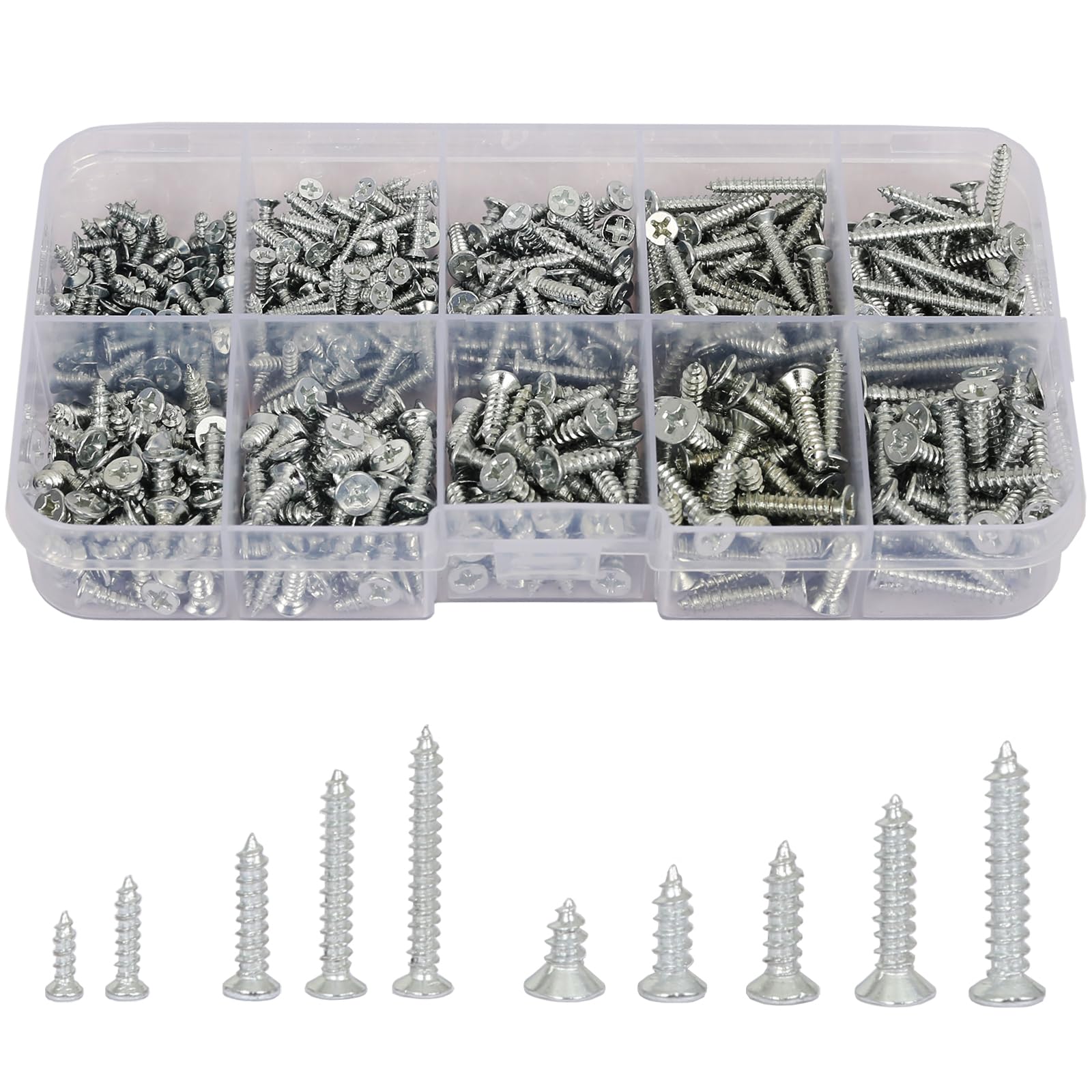 AMLOOPH Self Tapping Small Screws For Wood, 535pcs M2 M2.5 M3 Small Wood Screws Assortment, 6-8-10-12-16-20mm Flat Head Assorted Tiny Fastening Screw Set Mixed, Pack With Plastic Box