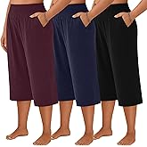 Neer 3 Pack Women's Plus Size Capri Pants, Wide Legs Elastic Waist Capris with Pockets Lounge Loose Sweatpants