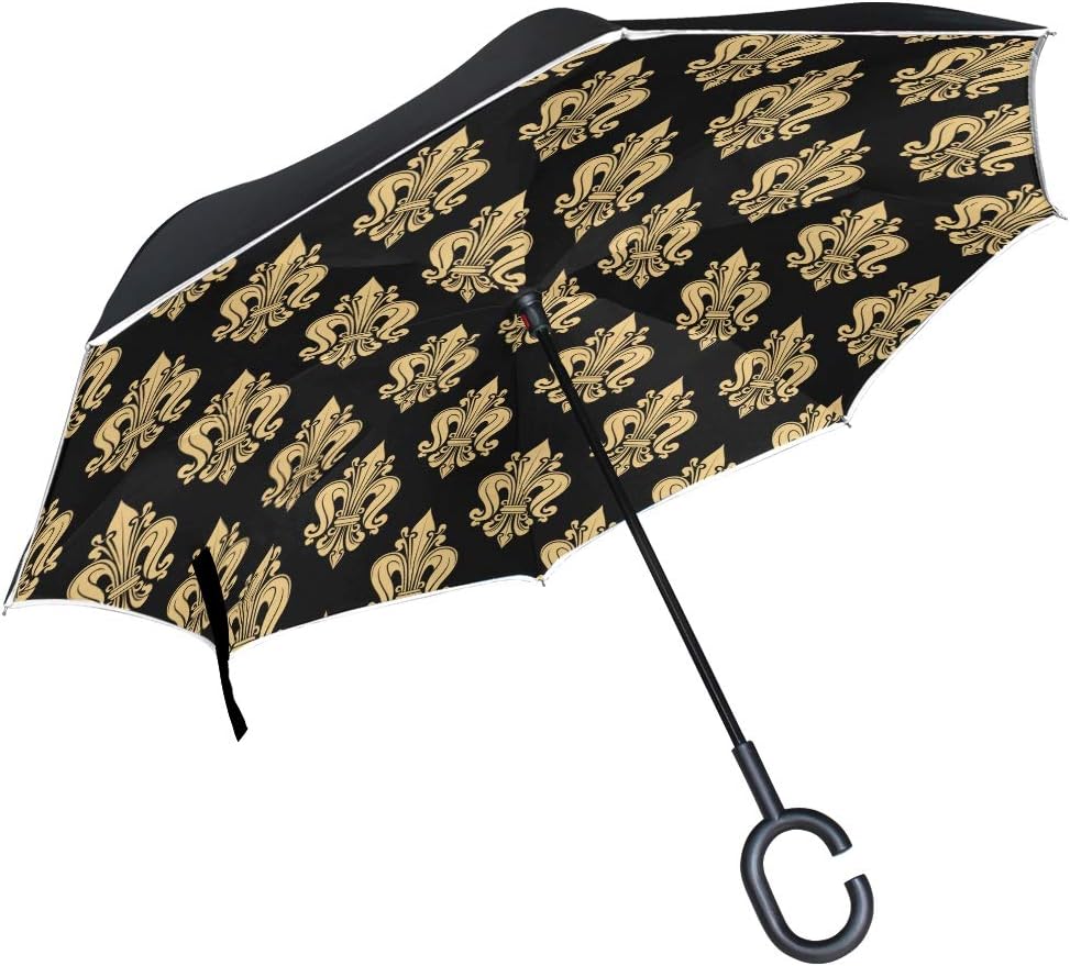 Amazon Com Kuneh Double Layer Inverted French Heraldic Fleur De Lis Pattern Umbrellas Reverse Folding Umbrella Windproof Uv Protection Big Straight Umbrella For Car Rain Outdoor With C Shaped Handle Sports