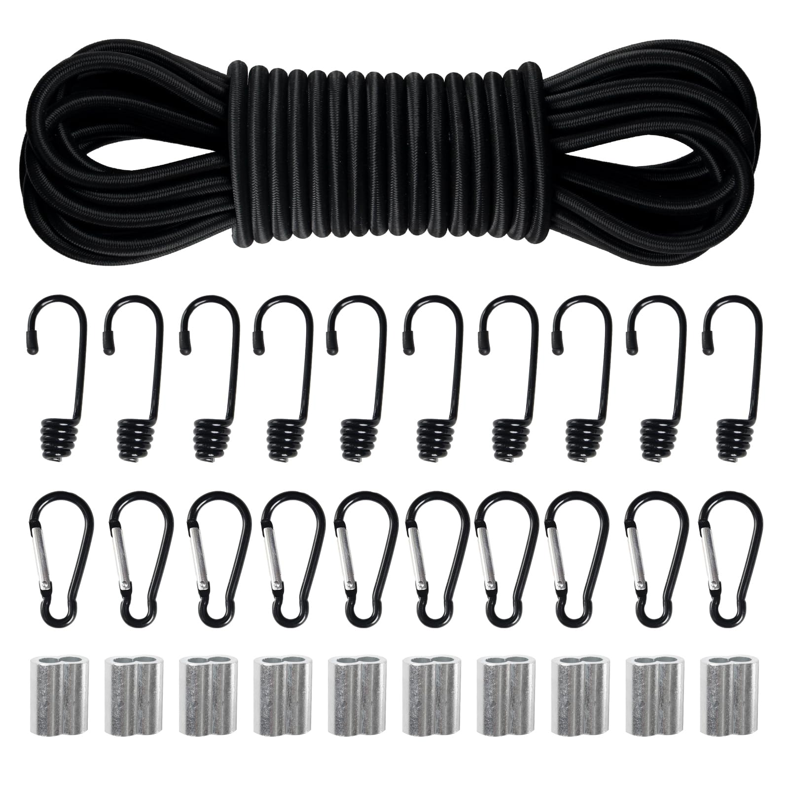 Bungee Cord 6mm x 10m, Elastic Rope Elastic Cord with 10 x Hooks, 10 x Carabiner Clips, 10 x M6 Aluminum Sleeves, Round Stretchy Cord, Heavy Duty Shock Cord Rubber Cord for Caravan, Tarp, DIY Set