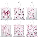 Paterr 6 Pcs Valentine Canvas Bags Pink Bow Canvas Tote Bags with Handles for Women Aesthetic DIY Bowknot Preppy Gifts Set with 2 Rolls Ribbon for Birthday Valentines Presents