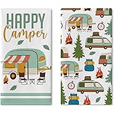 Croar Happy Camper Kitchen Dish Towels Set of 2, Camping RV Adventure Travel Drying Hand Towel Baking Cooking Cloth, Campsite Campfire Tree Bathroom Home Decoration 18'' x 26''