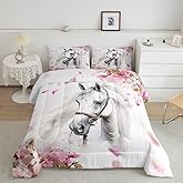 Erosebridal Girls Horse Comforter Set Twin Chic Cherry Blossom Bedding Boys Teens Galloping White Duvet Insert 3D Wild Animal Quilts Western Rustic Farmhouse Style Bedroom Decor 2 Pcs