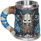 OTARTU Valhalla Viking Stainless Steel Single Handle Horn Skull Beer Stein Cup, Nordic Viking Warrior Skull Mug Tankard 17oz, Halloween Bar Drinkware Men’s Gift