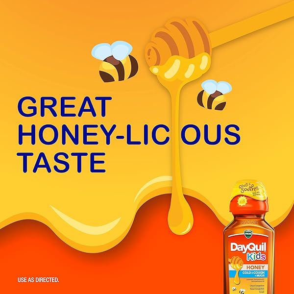 VICKS DAYQUIL KIDS COLD AND COUGH + MUCUS RELIEF MADE WITH REAL HONEY FOR KIDS 6+ TASTES GREAT 8OZ