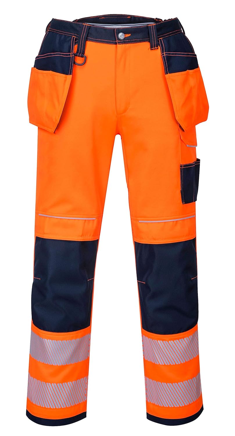 Portwest T501 Mens PW3 Hi Vis Work Trousers - Holster Pocket Workwear Safety Construction Trousers Orange/Navy, 28