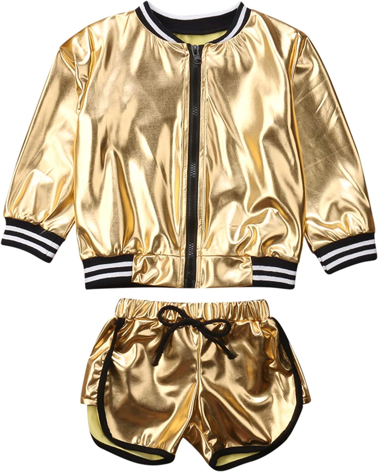 Girls Golden Outdoor Active Jacket Outfit Waterproof Long Sleeve Zipper Pullover Sweatshirt+Drawstring Short Pants