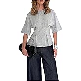 Verdusa Women's Half Sleeve Cinched Waist Tops Business Casual Crew Neck T Shirts