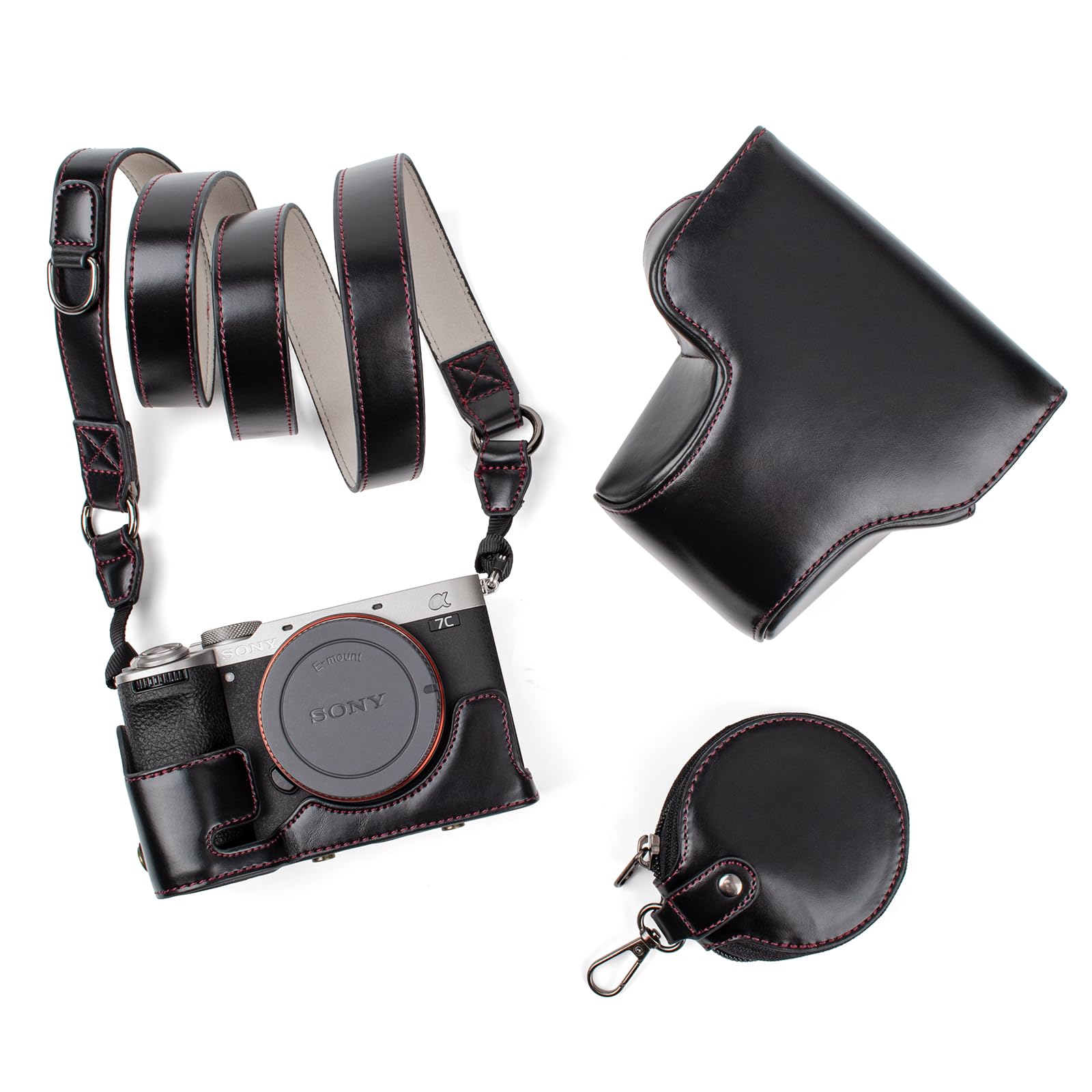 MUZIRI KINOKOO Sony A7C II Case, Retro PU Leather Protective Case for Sony A7C2/A7C II/Alpha 7C II Camera - with Bottom Opening & Shoulder Strap & Storage Pocket - Black