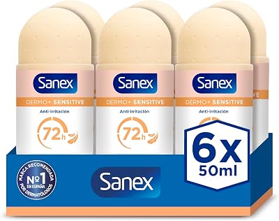 Dermo+ Sensitive Desodorante Antitranspirante Roll-On 72 Horas Pack 6 x 50ml - Protección eficaz contra el sudor y el mal olor – Dermatológicamente testado – 0% alcohol* - Para piel sensible