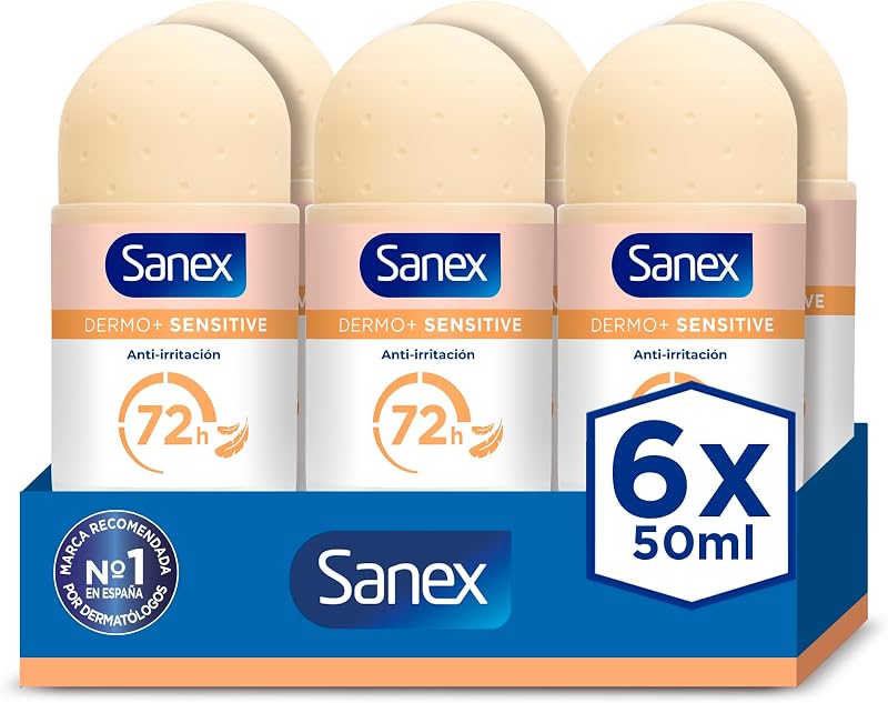 Dermo+ Sensitive Desodorante Antitranspirante Roll-On 72 Horas Pack 6 x 50ml - Protección eficaz contra el sudor y el mal olor – Dermatológicamente testado – 0% alcohol* - Para piel sensible