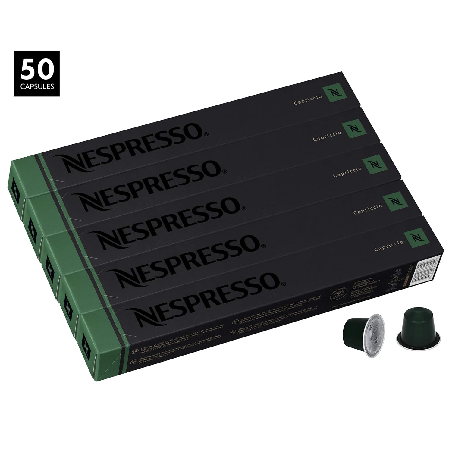 Nespresso Capriccio OriginalLine Capsules, 50 Count Espresso Pods, Light Roast Intensity 5 Blend, South American Arabica & Robusta Coffee Flavors