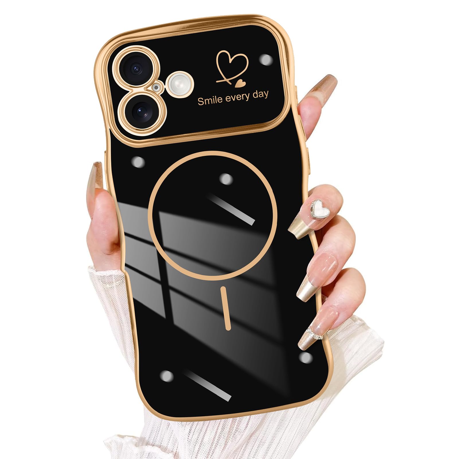 Fiyart Designed for iPhone 16 Plus Case, Cute Wave Frame Curly Shape Love Hearts Plating for Women Girls Camera Protection Compatible with MagSafe Magnetic Shockproof Bumper 6.7"-Black