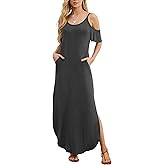 GRECERELLE Women Summer Maxi Dresses Casual Loose Strapless Strap Cold Shoulder Short Sleeve Split Long Dress with Pocket
