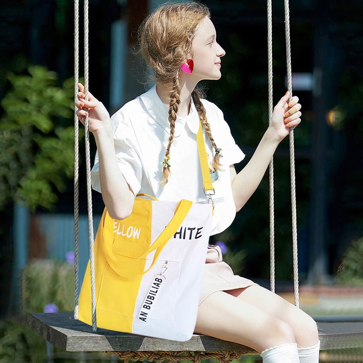 NICOLE & DORIS Women Canvas/Corduroy Tote Bag Large Shopping Handbag Shoulder Cross Body A4 Laptop Bag for Girls School Casual Chic Bags Yellow-White - Image 3