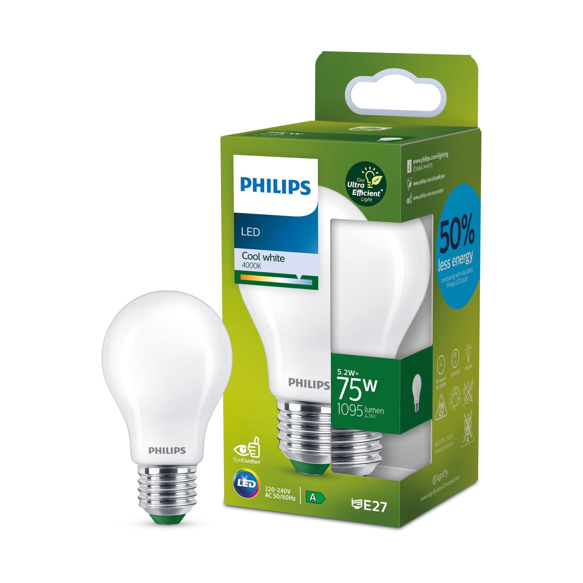 Philips Ultra Efficient - Ultra Energy Saving Lights, LED Light Source, 75W, A60, E27, Cool White 4000 Kelvin, Frosted