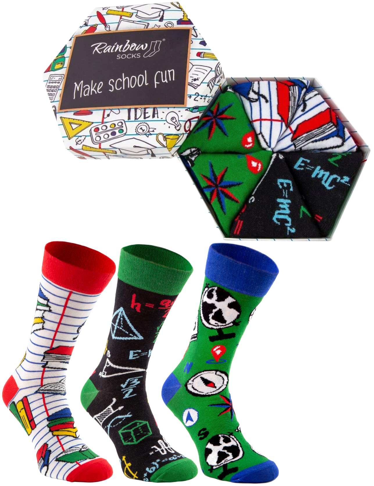 Rainbow Socks - Men Women Funny School Socks Box Gift - 3 Pairs - Maths Geography Notebook - Size 4-7