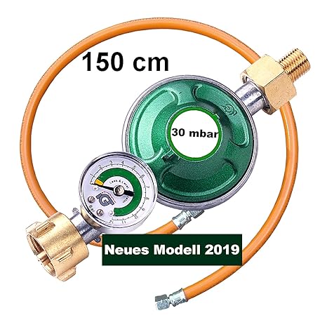 CAGO Gasregler 30 mbar mit Manometer Gas Füllstandsanzeige Schlauchbruchsicherung Propangas Druckminderer Gasschlauch 150cm C