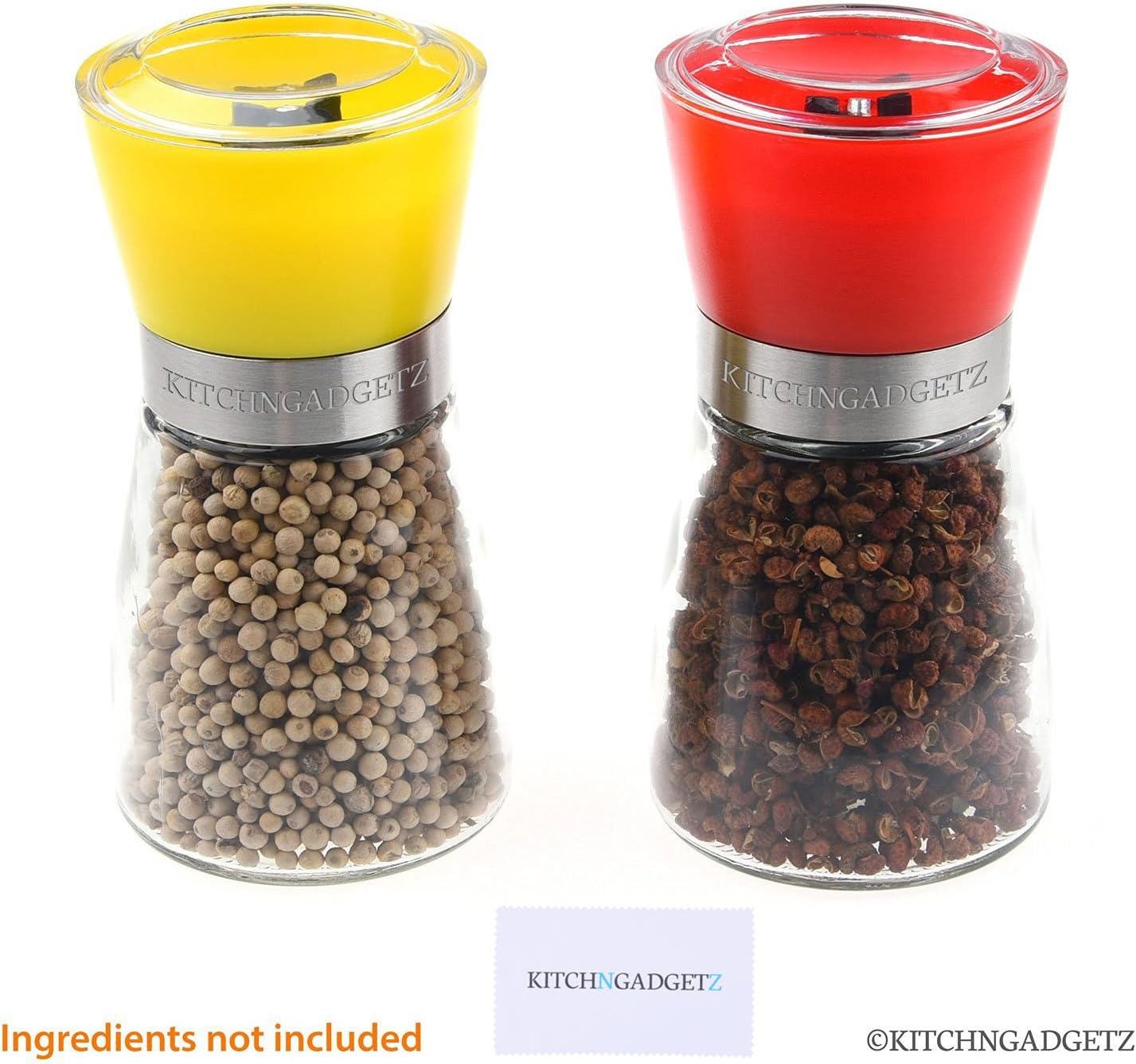 Salt and Pepper Grinder Shakers - Set of 2 - Yellow and Red - Grinding Mechanism Allows Adjustable Coarseness - Refillable Clear Glass Container with Wide Opening - Lid Keeps Contents Fresh and Dry