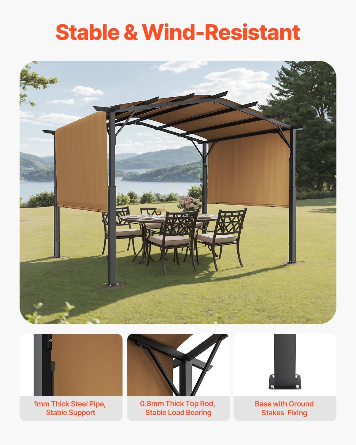 An assembled VEVOR 10x10 ft Outdoor Pergola with its retractable canopy extended, providing shade over an outdoor dining set.