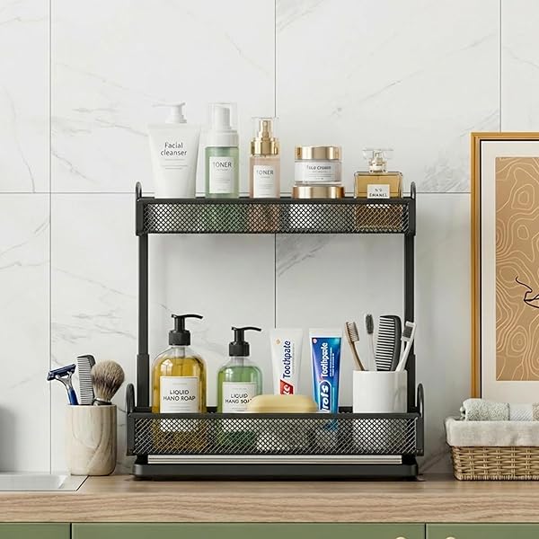 YASONIC 2 PACK UNDER SINK ORGANIZER, 2 TIER HEIGHT ADJUSTABLE KITCHEN CABINET ORGANIZER, PULL OUT METAL CABINET SHELF ORGANIZER, UNDER THE SINK ORGANIZERS AND STORAGE FOR KITCHEN & BATHROOM, BLACK