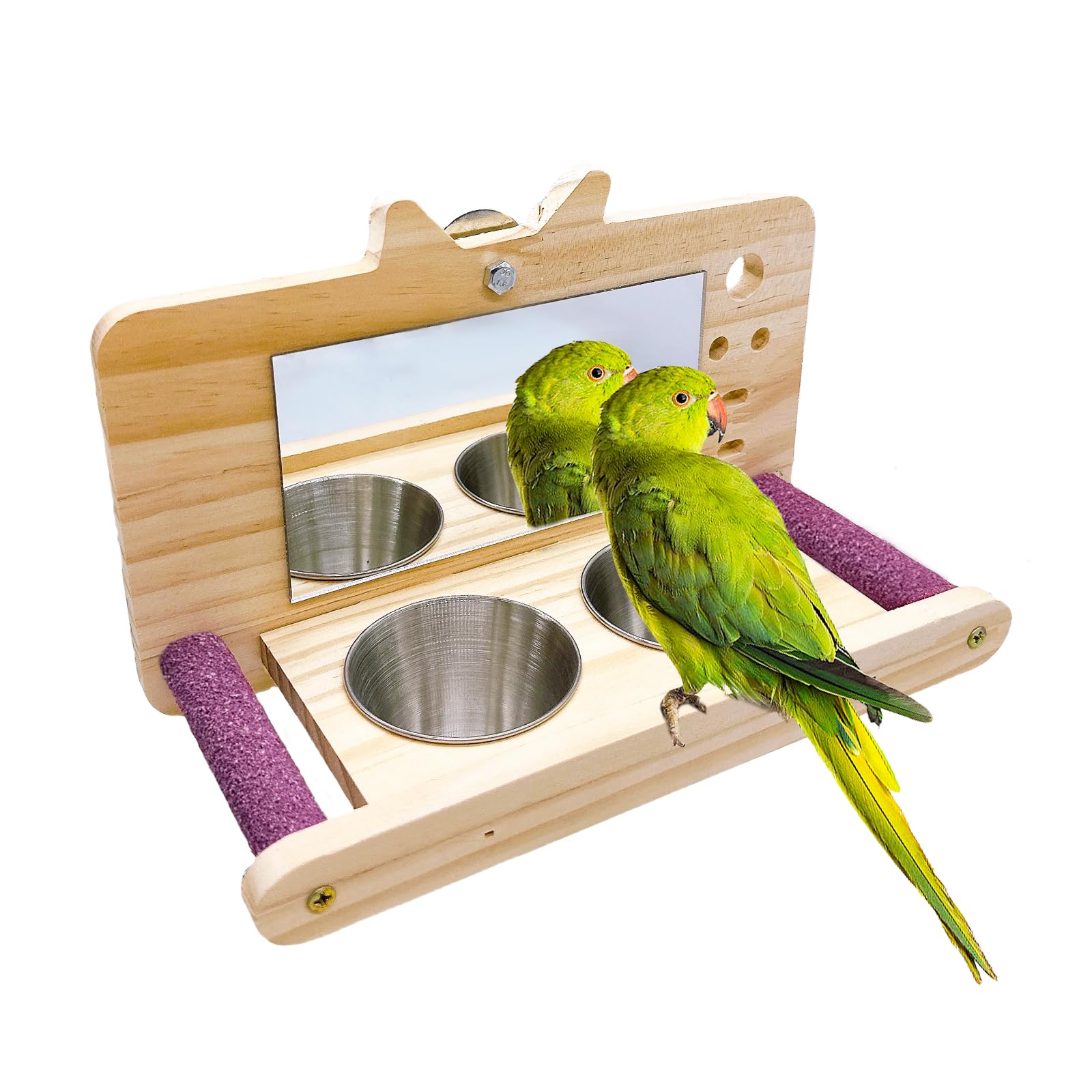 Photo 1 of Bird Mirror Parrot Perch with Mirror and Feeding Cups Parrot Cage Swing Wooden Mirror Fun Play Toy for Lovebird Parakeets Conures Cockatiels