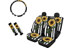 Biyejit Sunflower American Flag Car Seat Covers Full Set for Cars Truck Van SUV, 7-pcs Car Interior Accessories Set for Women Men with Steering Wheel Cover & Seat Belt Covers