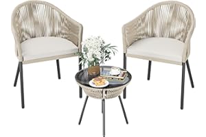 Devoko Patio Furniture Set 3 Pieces Rope Woven Bistro Set Outdoor Conversation Set with 2 Wide Chairs,Cushions and Tempered Glass Table for Balcony Porch Backyard Garden Poolside