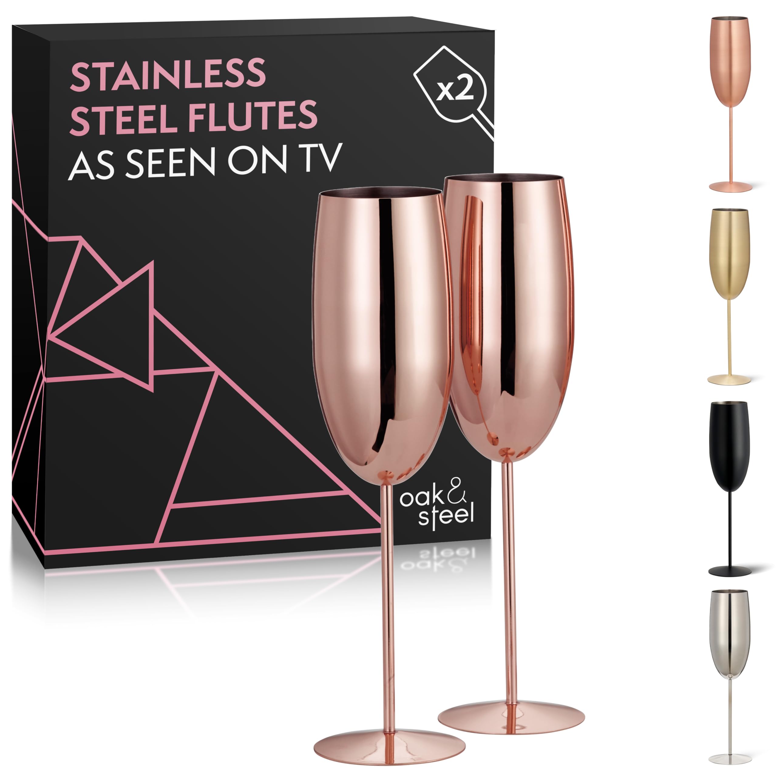 Oak & Steel - 2 Rose Gold Stainless Steel Champagne Glasses, 280 ml - Shatterproof Champagne Glasses/Prosecco Glasses with Gift Box